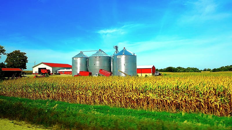 A row of concrete grain silos beside a rail spur, with a truck scale and a small office building in the foreground.